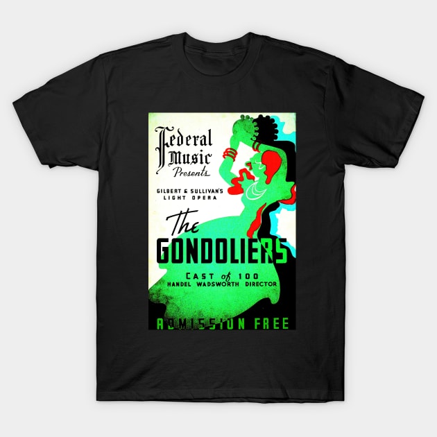 The Gondoliers vintage screen print in bright grunge green, 1937: Retro theatre poster, cleaned and restored T-Shirt by retrografika